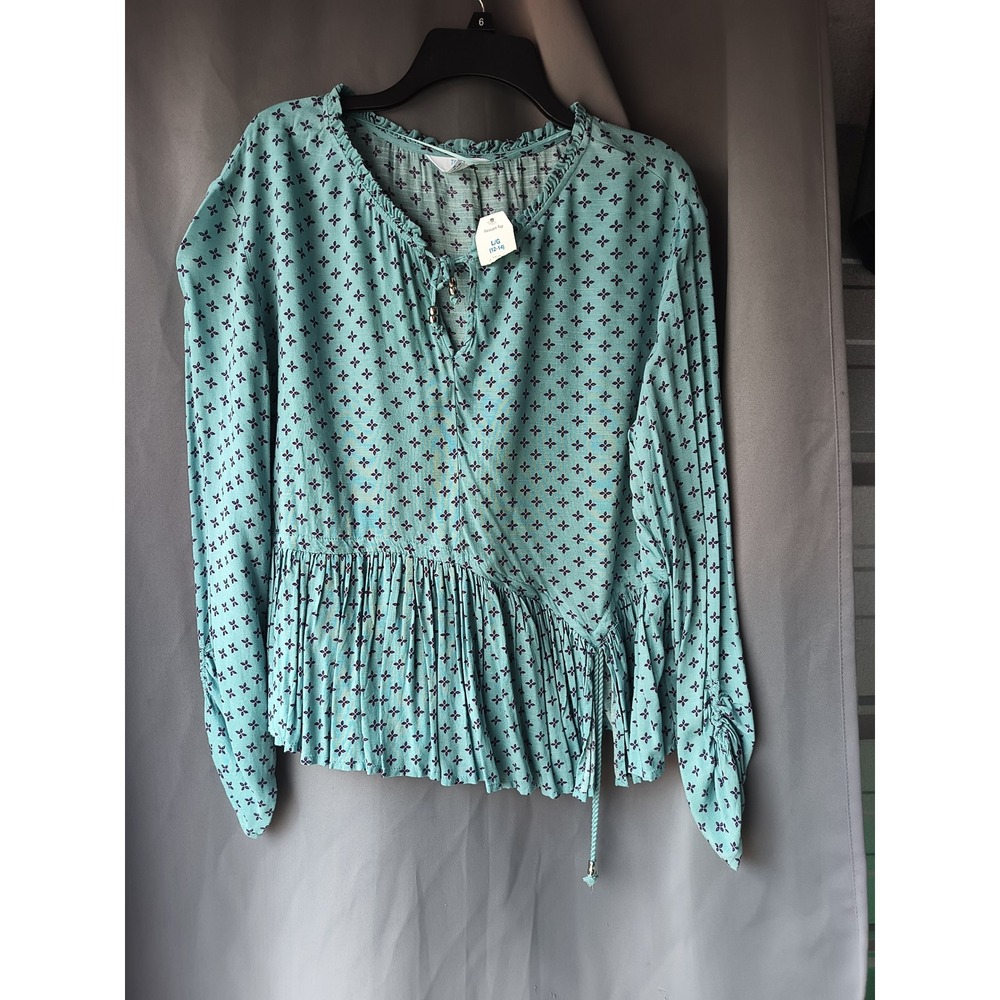 Time and Tru Teal Geometric Floral Peasant Top Long Sleeve Ruffle Neck L 12-14